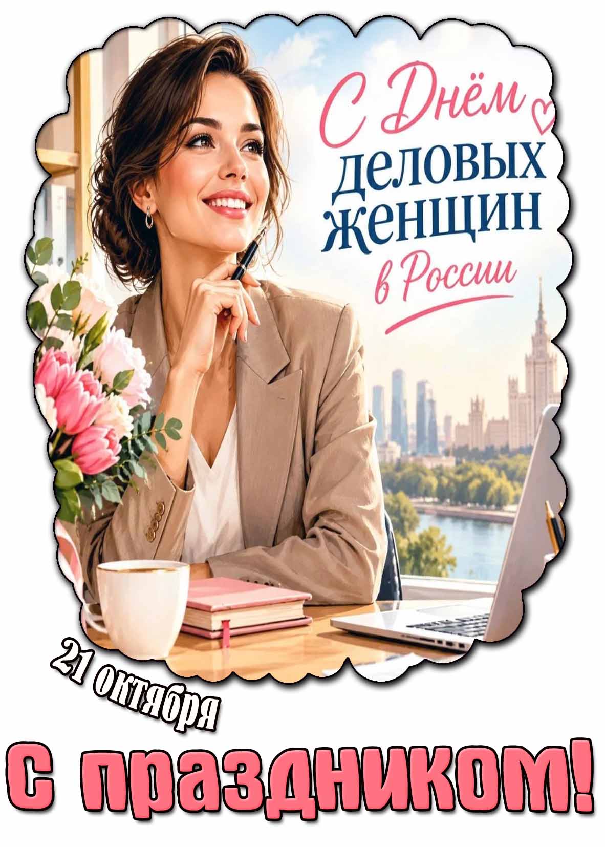 Картинка с красивой девушкой, чашкой кофе, ноутбуком и букетом цветов к 21 октября - с днём деловых женщин в России! С праздником! Картинка 21 октября - с днём деловых женщин в России! С праздником!