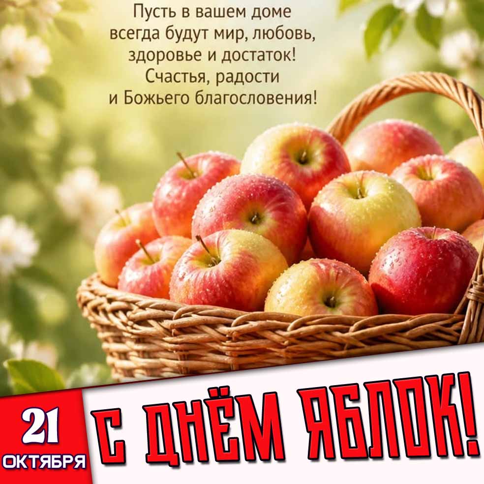 Красивая картинка с корзиной спелых яблочек к празднику 21 октября - с днём яблок! Пусть в вашем доме всегда будут мир, любовь, здоровье и достаток! Счастья, радости и Божьего благословения! Красивая картинка с корзиной спелых яблочек к празднику 21 октября - с днём яблок! Пусть в вашем доме всегда будут мир, любовь, здоровье и достаток! Счастья, радости и Божьего благословения!