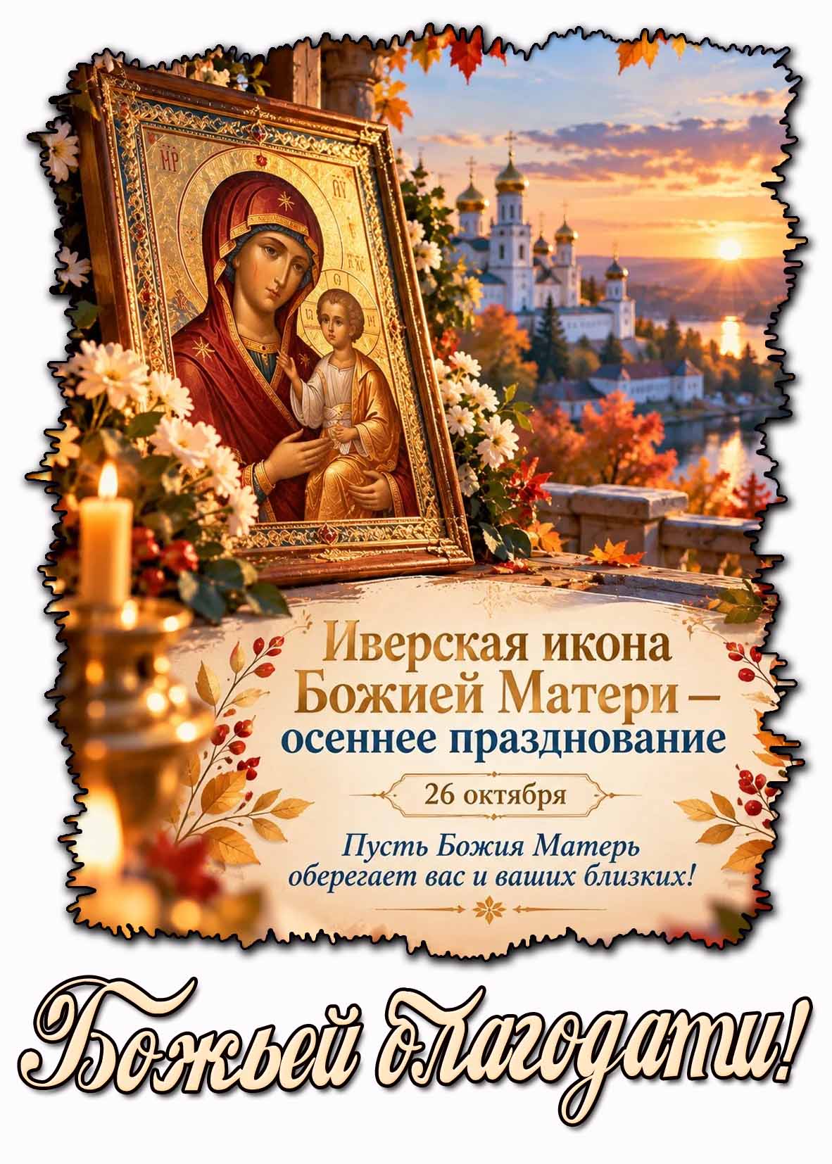 Красивая в осеннем антураже с цветами, свечами, чудотворным образом на фоне на фоне собора к 26 октября - Иверская икона Божией Матери - осеннее празднование! Пусть Божия Мать оберегает вас и ваших близких! Божьей благодати!