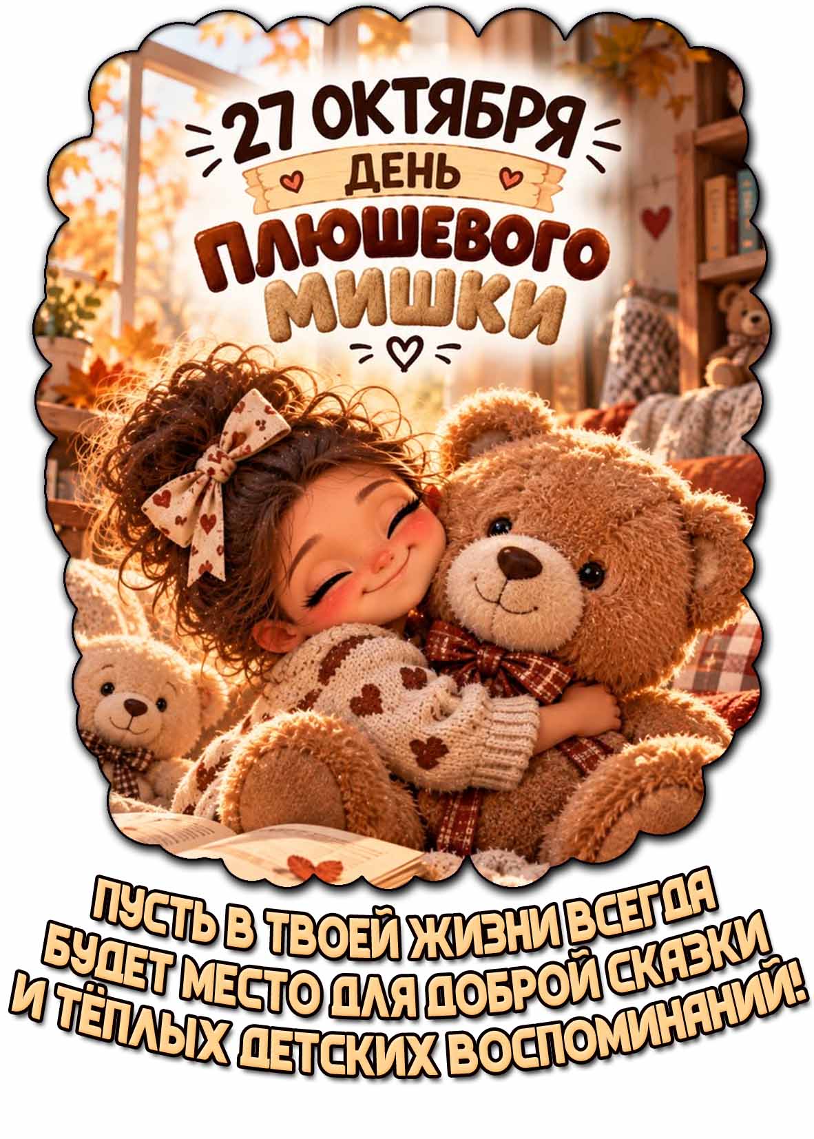 Красивая картинка с маленькой девочкой с любимой игрушка в комнате с осенним антуражем к Международному празднику 27 октября - день плюшевого мишки! Пусть в твоей жизни всегда будет место для доброй сказки и тёплых детских воспоминаний! Красивая картинка с маленькой девочкой с любимой игрушка в комнате с осенним антуражем к Международному празднику 27 октября - день плюшевого мишки! Пусть в твоей жизни всегда будет место для доброй сказки и тёплых детских воспоминаний!