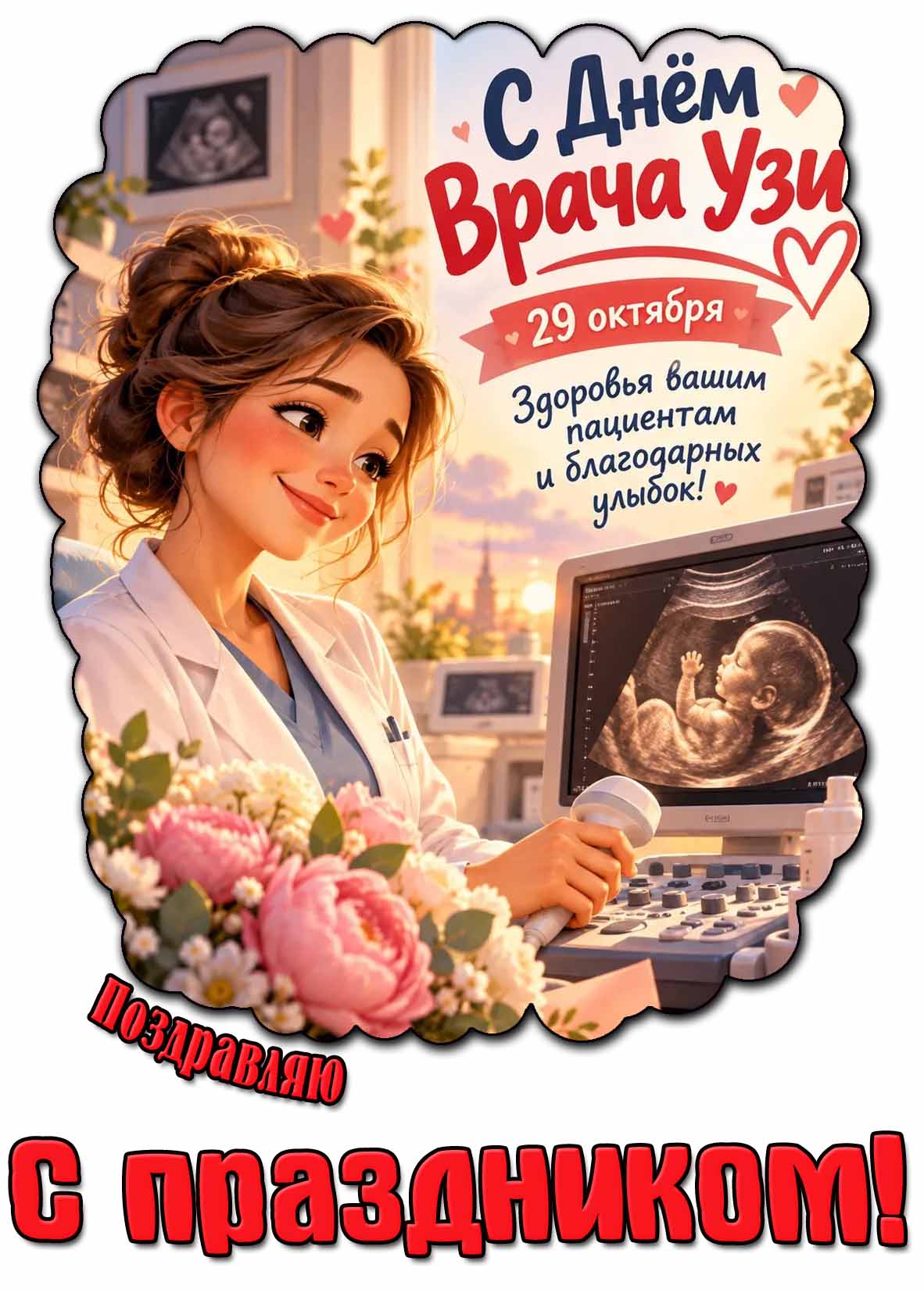 Красивая, в мультяшном стиле, картинка с цветами, девушкой-врачом перед монитором к 29 октября - с днём врача УЗИ! Здоровья вашим пациентам и благодарных улыбок! Поздравляю с праздником!