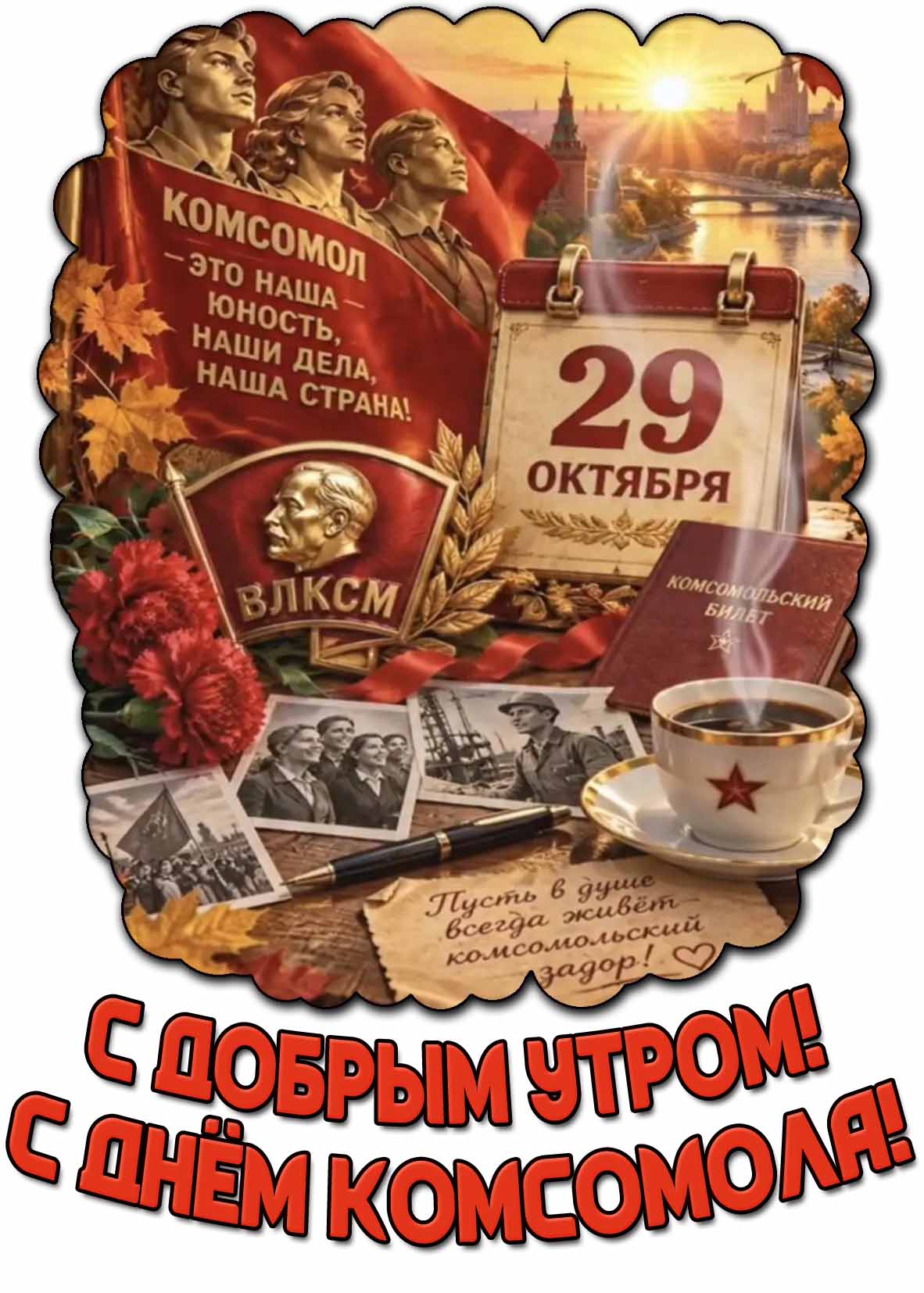 Красивая картинка в стиле СССР с ретро фото, чашкой кофе, комсомольским билетом, значком ВЛКСМ и флагом на фоне рассвета над Кремлём к празднику 29 октября - С добрым утром! С днём Комсомола! Комсомол - это наша юность, наши дела, наша страна! Пусть в душе всегда живёт комсомольский задор! Картинка 29 октября - С добрым утром! С днём Комсомола! Комсомол - это наша юность, наши дела, наша страна!