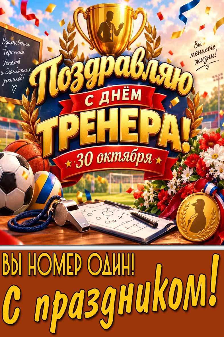 Красивая картинка с мячами, медалью, кубком и цветами к 30 октября - поздравляю с днём тренера! Вы номер один! С праздником! Вдохновения, терпения, успехов и благодарных учеников! Вы меняете жизнь! Картинка 30 октября - поздравляю с днём тренера! Вы номер один! С праздником!