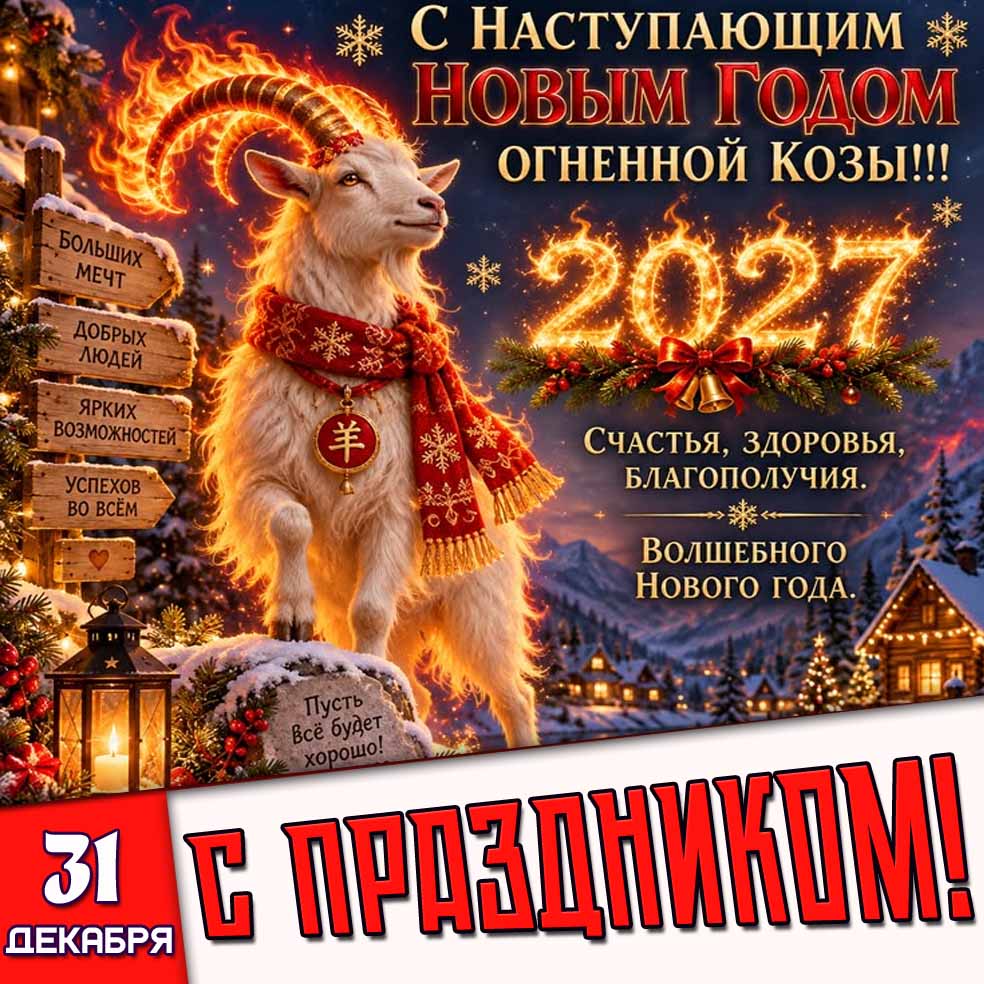 Картинка 31 декабря - с наступающим Новым годом огненной козы 2027! Счастья, здоровья, благополучия! Волшебного нового года! С праздником!