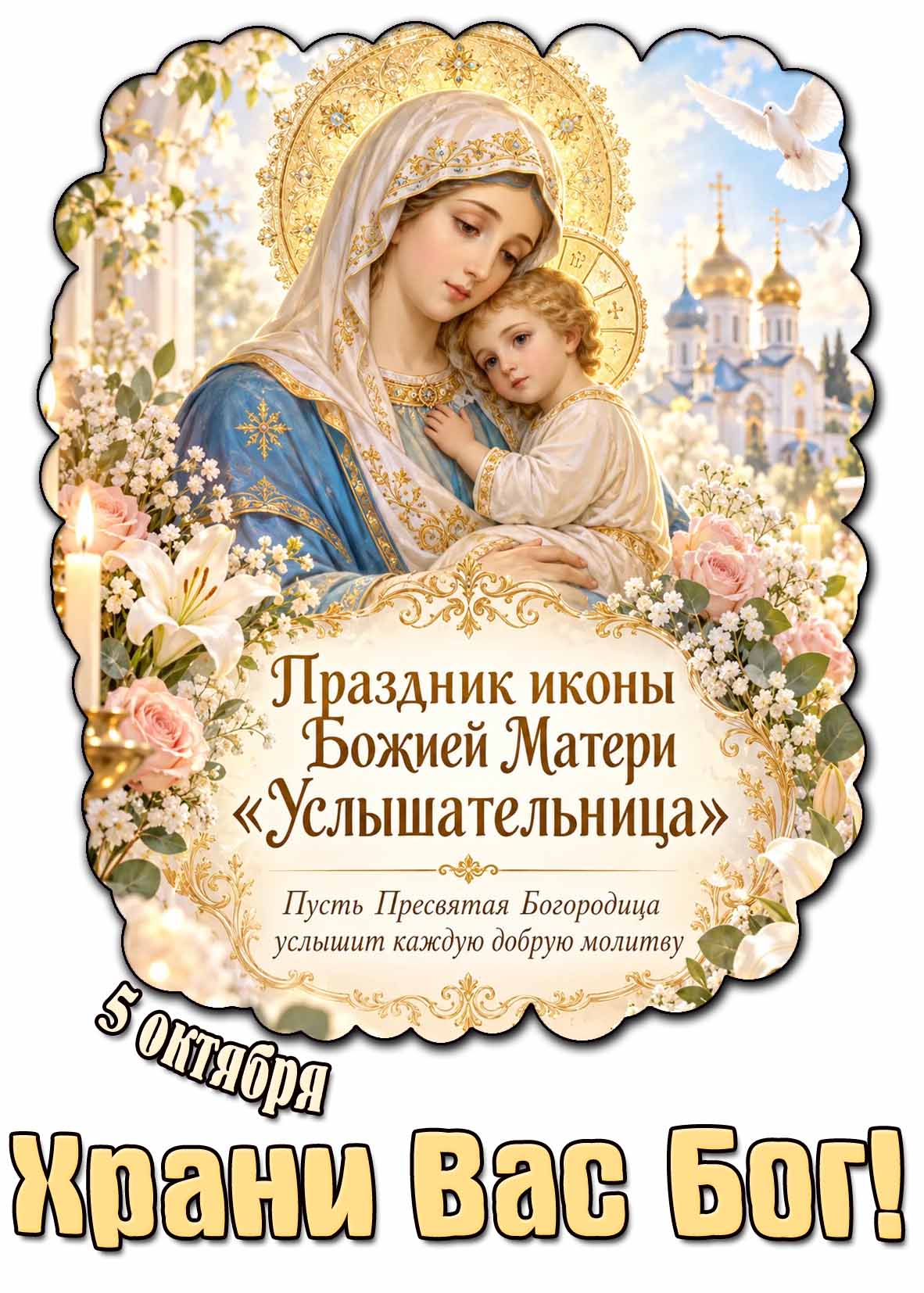 Картинка 5 октября - праздник иконы Божией Матери "Услышательница!" Пусть Пресвятая Богородица услышит каждую добрую молитву! Храни Вас Бог!