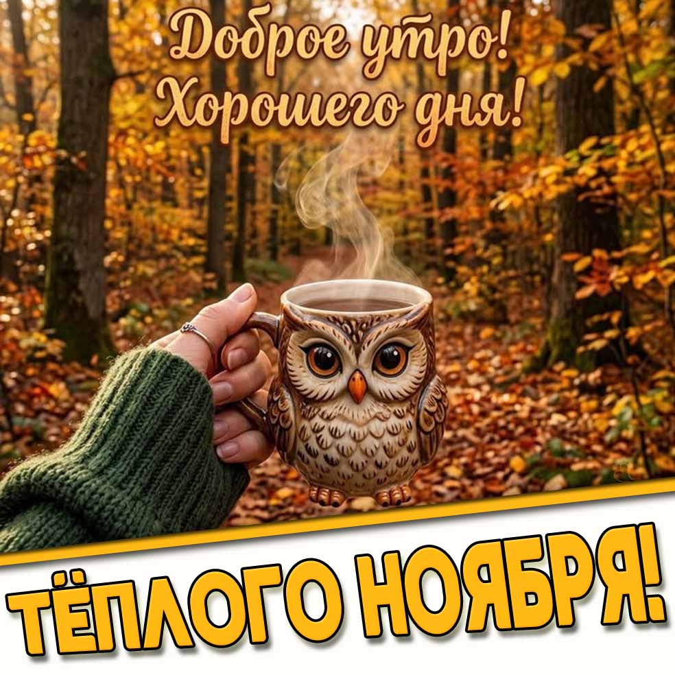 Красивая картинка с чашкой кофе, в виде совы, в руке на фоне осеннего леса и надписью : Доброе утро! Хорошего дня! Тёплого ноября! Картинка "Доброе утро! Хорошего дня! Тёплого ноября!"