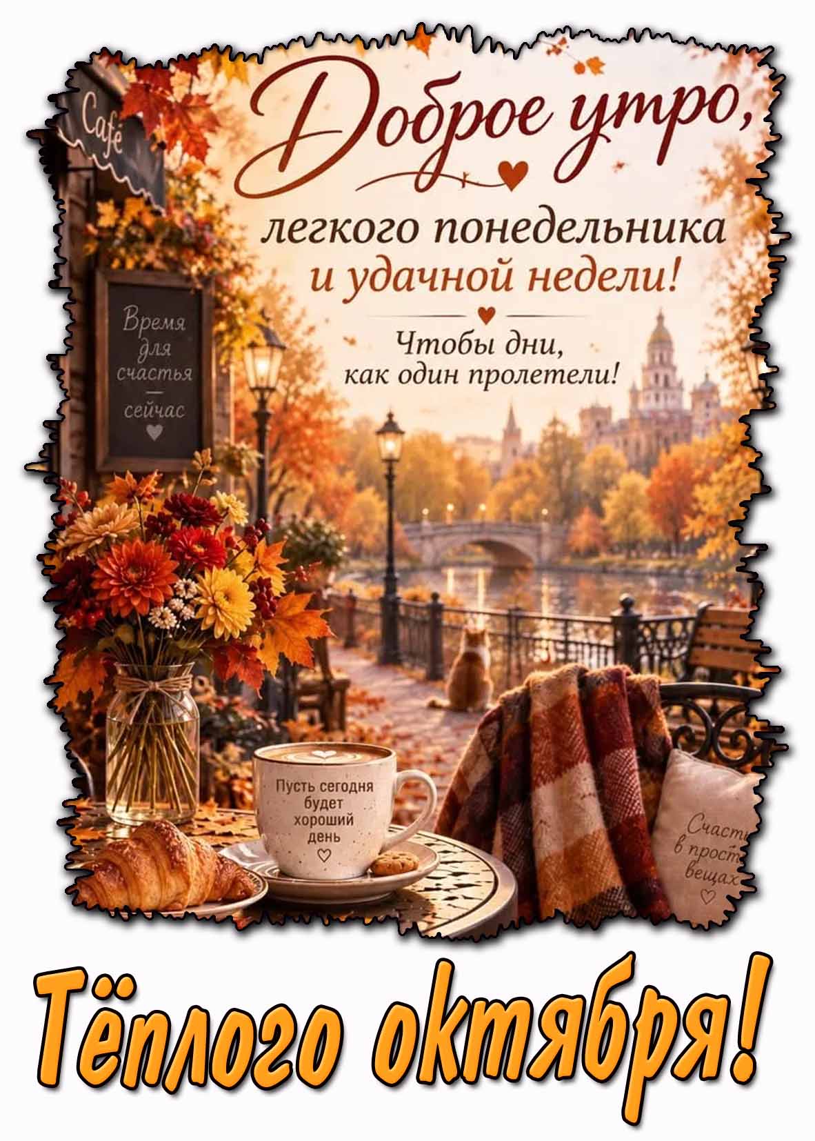 Картинка "Доброе утро, лёгкого понедельника и удачной недели! Чтобы дни, как один пролетели! Тёплого октября!"