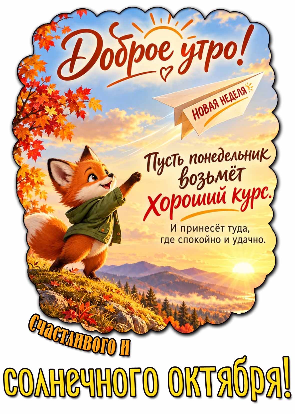Красивая осенняя картинка с прикольным лисёнком, запускающим бумажный самолётик и надписью : Доброе утро! Новая неделя! Пусть понедельник возьмёт хороший курс! И принесёт туда, где спокойно и удачно! Счастливого и солнечного октября! Картинка "Доброе утро! Новая неделя! Пусть понедельник возьмёт хороший курс! И принесёт туда, где спокойно и удачно! Счастливого и солнечного октября!"
