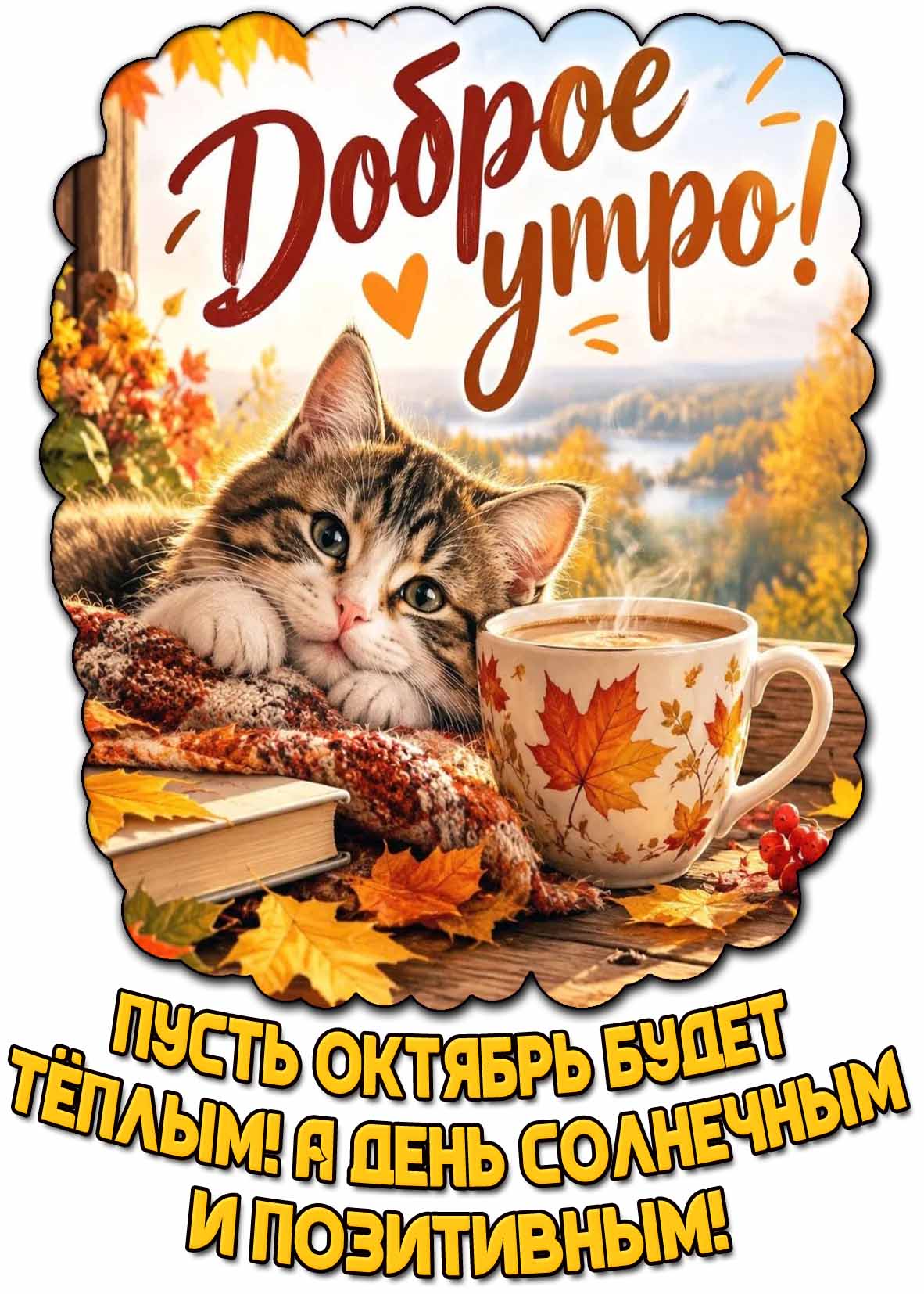 Красивая картинка с котиком, чашкой ароматного кофе с кленовыми листьями и надписью : Доброе утро! Пусть октябрь будет тёплым! А день солнечным и позитивным! Картинка "Доброе утро! Пусть октябрь будет тёплым! А день солнечным и позитивным!"