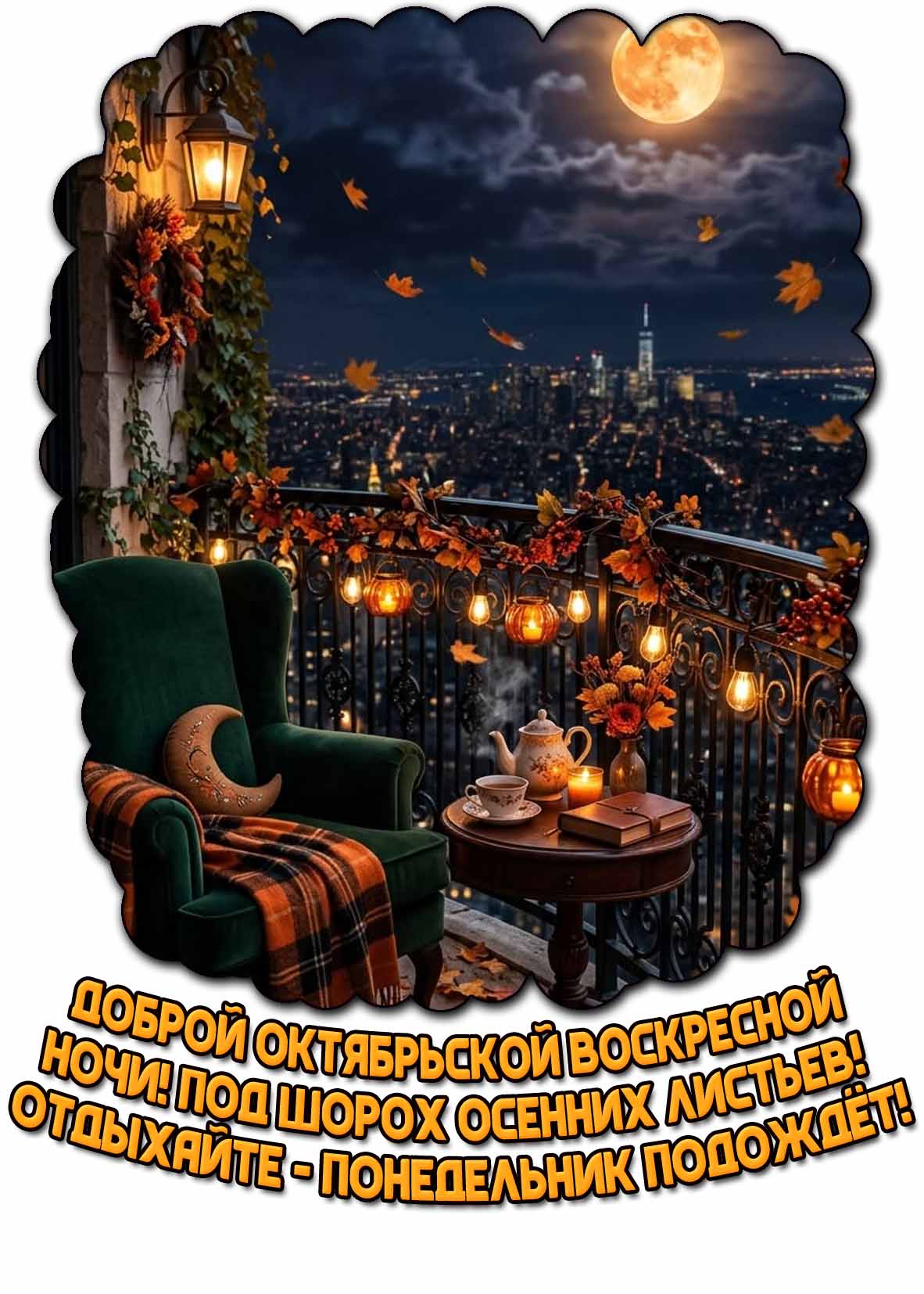Картинка "Доброй октябрьской воскресной ночи! Под шорох осенних листьев! Отдыхайте - понедельник подождёт!"