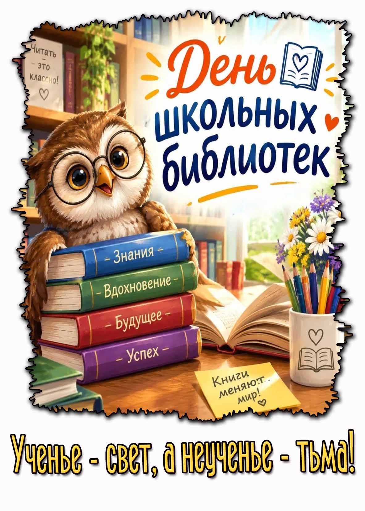 Красивая картинка с прикольной совой на книгах (знания, вдохновение, будущее, успех) на : День школьных библиотек! Ученье - свет, а неученье - тьма! Книги меняют мир... Читать - это классно! Картинка картинка "День школьных библиотек! Ученье - свет, а неученье - тьма!"