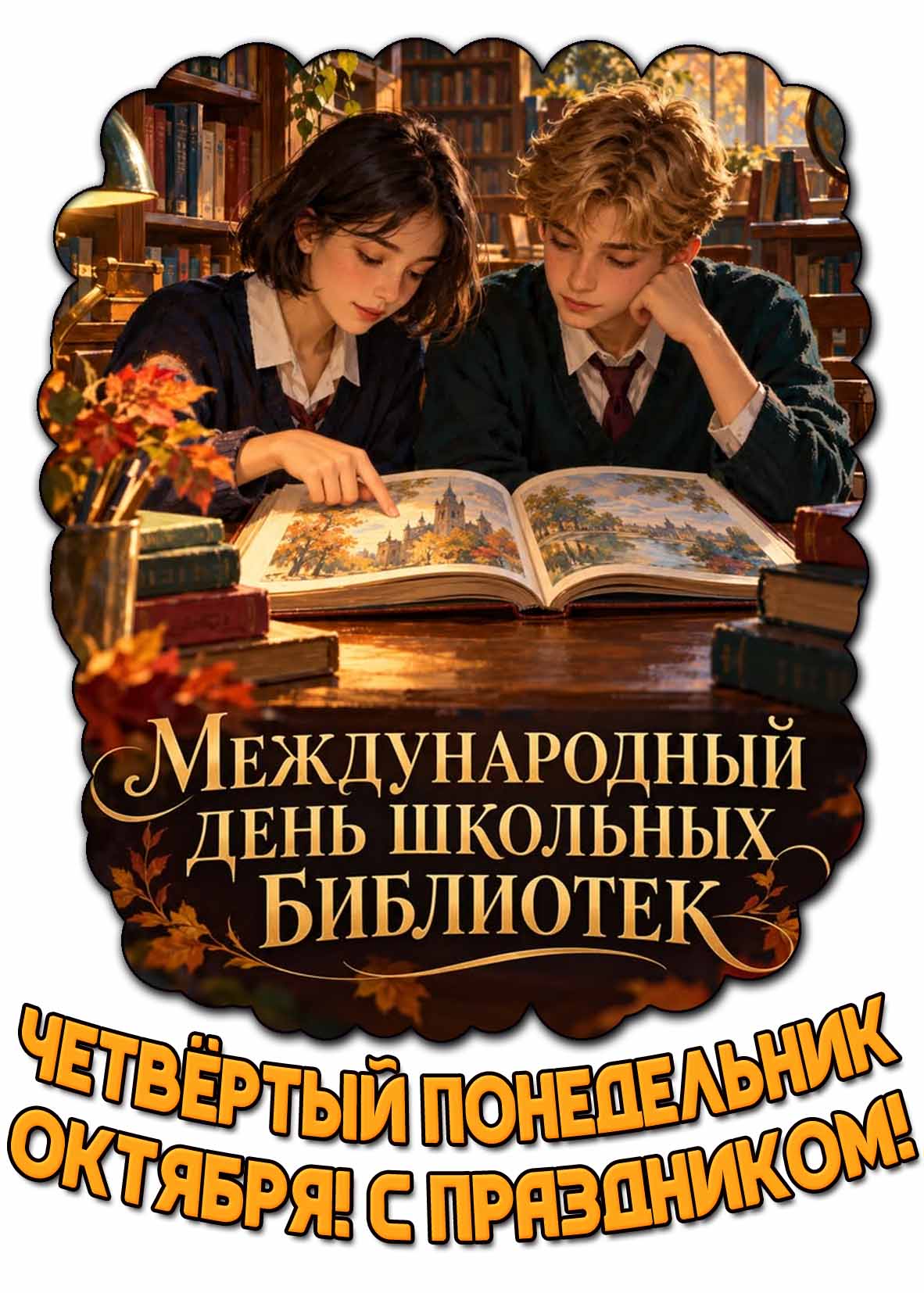 Красивая картинка с мальчишкой и девчонкой за книгой в читальном зале с осенним антуражем и надписью : Международный день школьных библиотек! Четвёртый понедельник октября! С праздником! Картинка "Международный день школьных библиотек! Четвёртый понедельник октября! С праздником!"