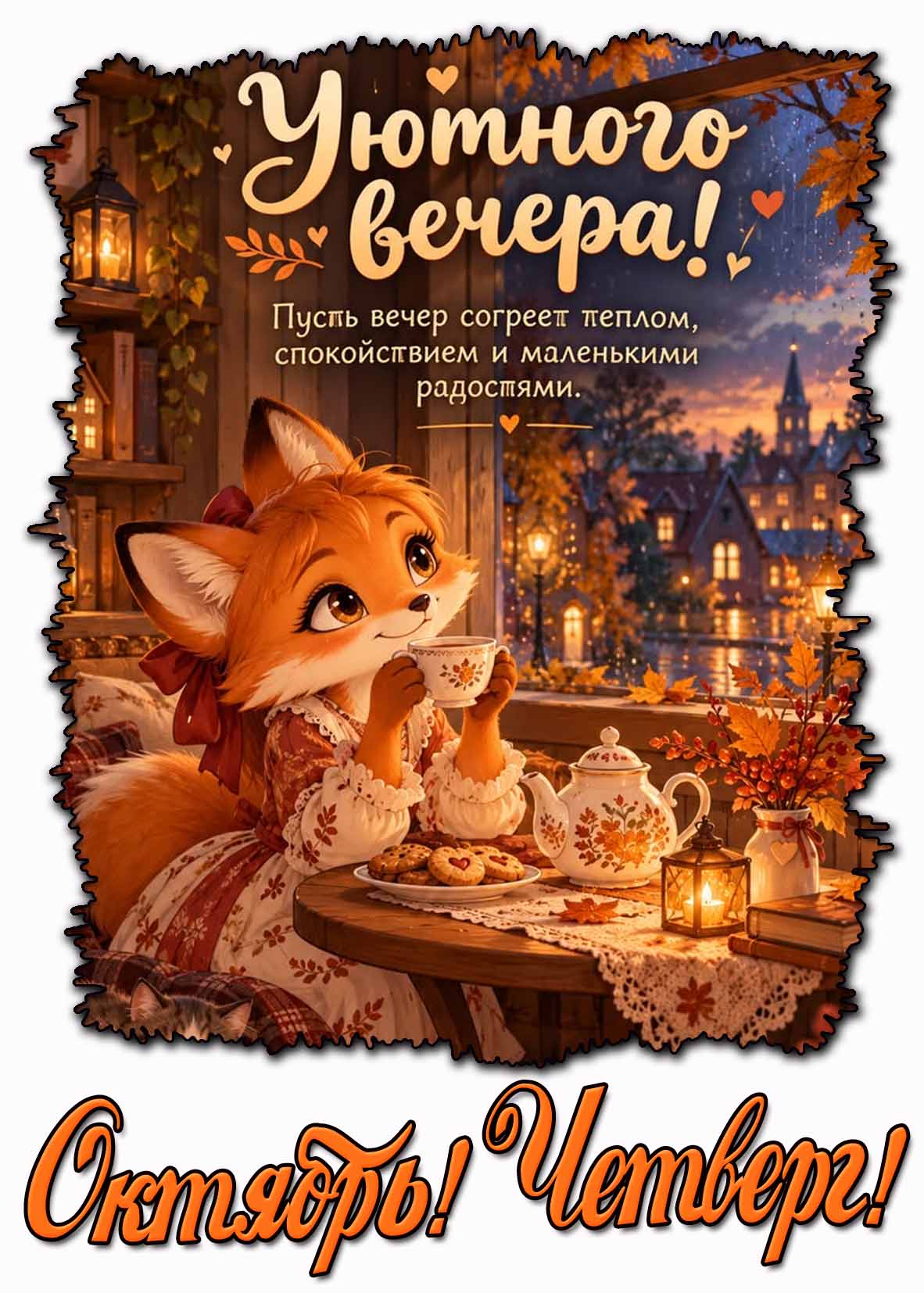 Картинка "Октябрь! Четверг! Уютного вечера! Пусть вечер согреет теплом, спокойствием и маленькими радостями!"