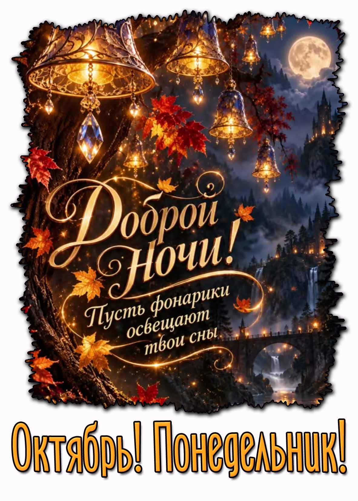 Картинка "Октябрь! Понедельник! Доброй ночи! Пусть фонарики освещают твои сны!"