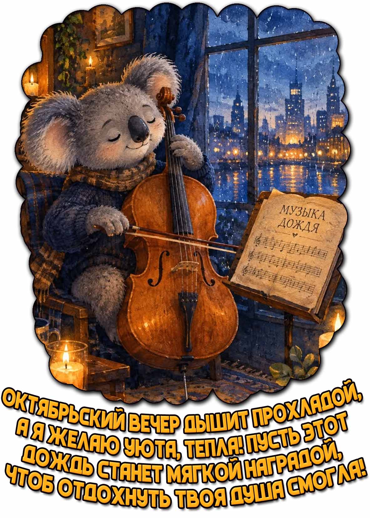 Картинка "Октябрьский вечер дышит прохладой, а я желаю уюта, тепла! Пусть этот дождь станет мягкой наградой, чтоб отдохнуть твоя душа смогла!"