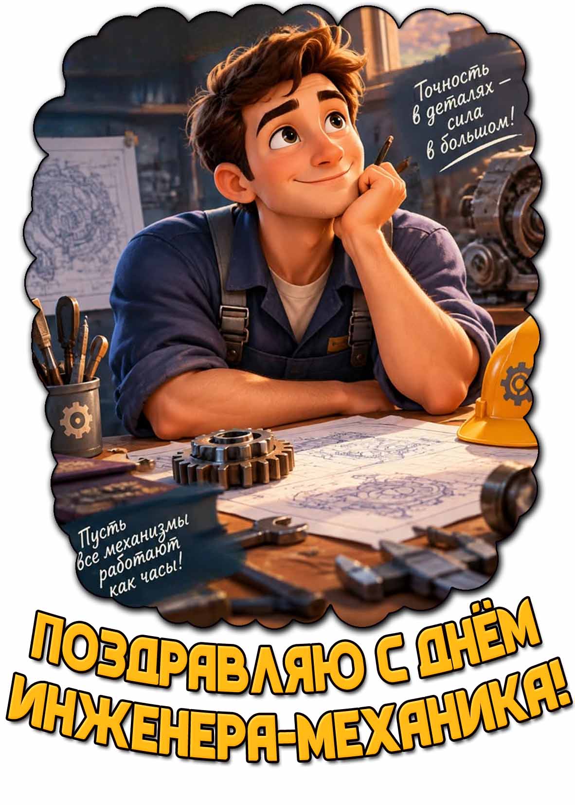 Красивая картинка в мультяшном стиле с молодым мужчиной в мастерской с чертежами и надписью : Поздравляю с днём инженера-механика! Точность в деталях - сила в большом! Пусть все механизмы работают как часы! Картинка "Поздравляю с днём инженера-механика! Точность в деталях - сила в большом! Пусть все механизмы работают как часы!"