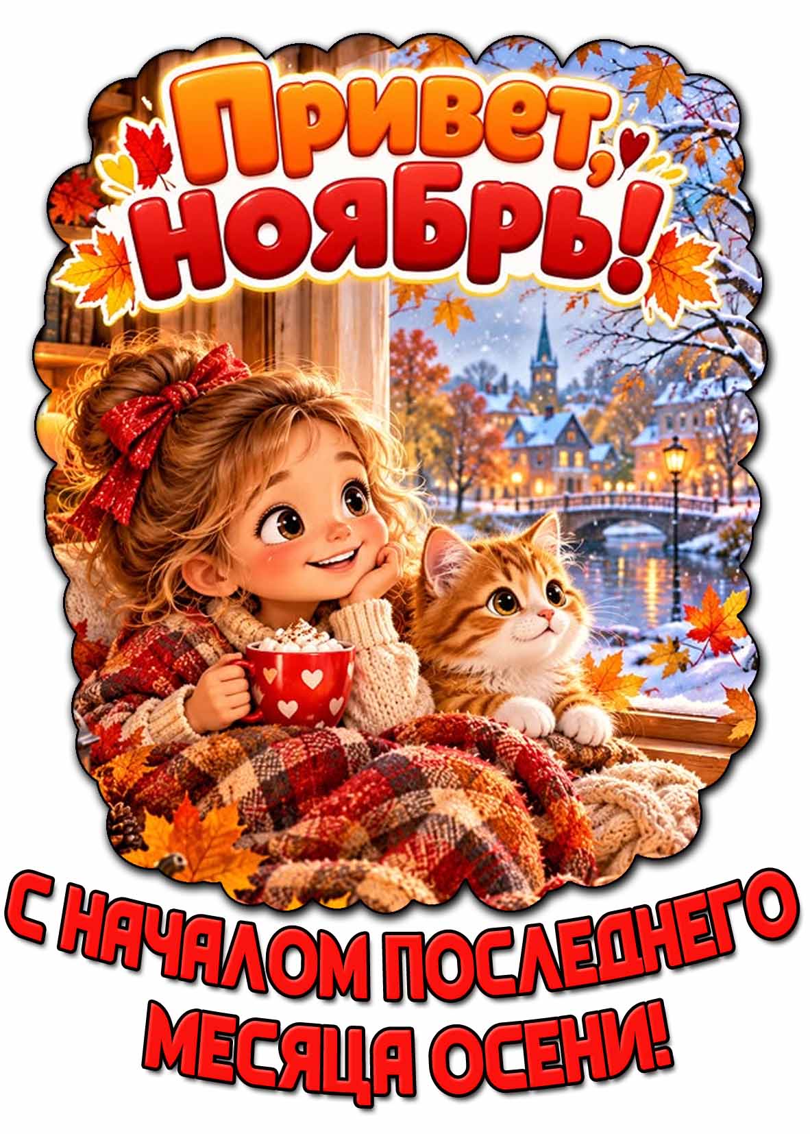 Красивая картинка с котёнком, девочкой с какао под одеялом на фоне осенне-зимнего пейзажа за окном и надписью : Привет, ноябрь! С началом последнего месяца осени!