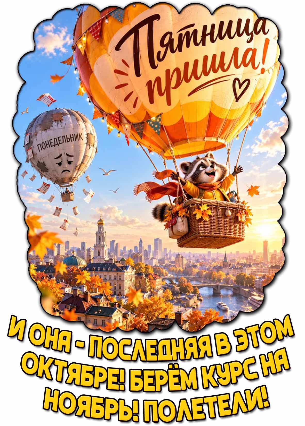 Красивая картинка с прикольным енотом, летящим в воздушным шаре, над солнечным осенним городком и с надписью : Пятница пришла! И она - последняя в этом октябре! Берём курс на ноябрь! Полетели! Картинка "Пятница пришла! И она - последняя в этом октябре! Берём курс на ноябрь! Полетели!"