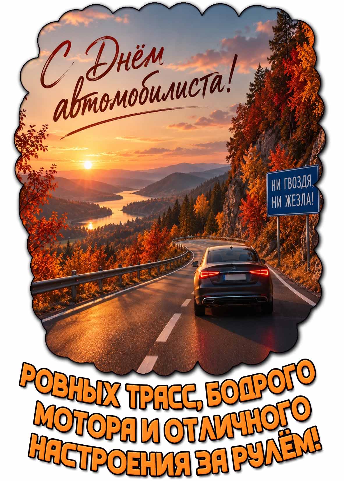 Картинка "С днём автомобилиста! Ровных трасс, бодрого мотора и отличного настроения за рулём! Ни гвоздя, ни жезла!"