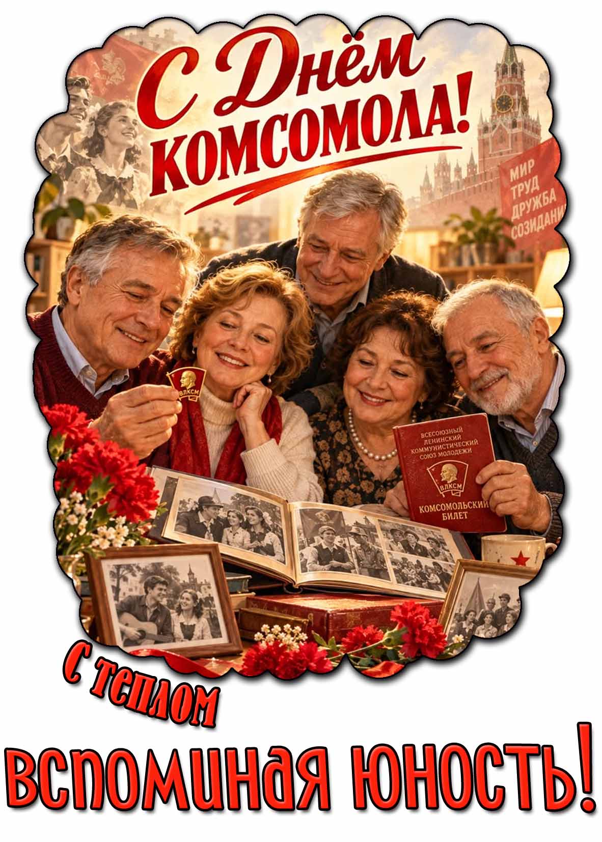 Ностальгическая картинка со взрослыми людьми (родом из СССР) со старыми фотографиями, значками, билетами и надписью : С днём Комсомола! С теплом вспоминая юность!