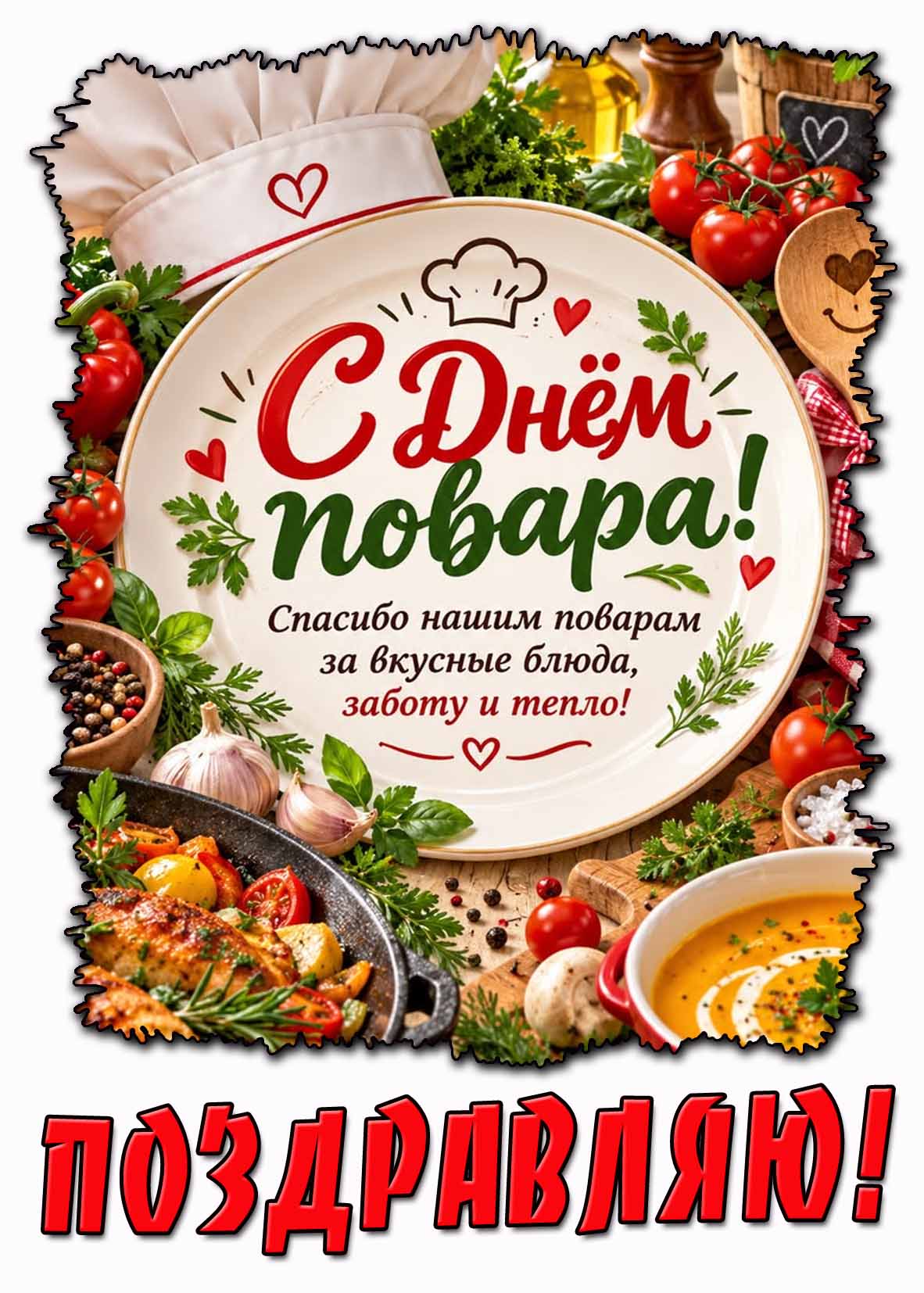 Красивая картинка с поварским колпаком, овощами, аппетитной едой и надписью : С днём повара! Спасибо нашим поварам за вкусные блюда, заботу и тепло! Поздравляю! Картинка "С днём повара! Спасибо нашим поварам за вкусные блюда, заботу и тепло! Поздравляю!"