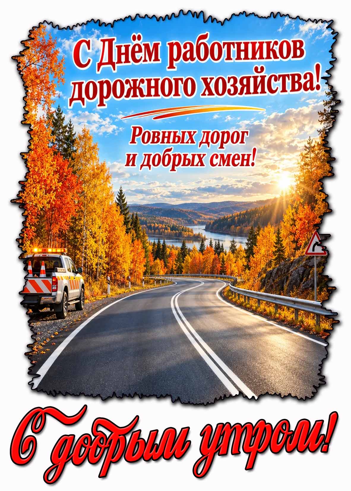 Осенняя картинка "С днём работников дорожного хозяйства! С добрым утром! Ровных дорог и добрых смен!"