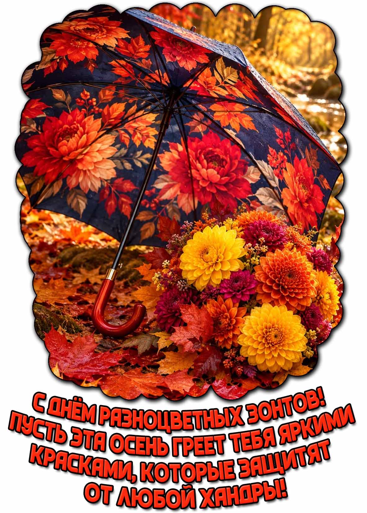 Картинка с букетом красивых цветов, зонтиком на кленовых листьях в лесу и надписью : С днём разноцветных зонтов! Пусть эта осень греет тебя яркими красками, которые защитят от любой хандры! Картинка "С днём разноцветных зонтов! Пусть эта осень греет тебя яркими красками, которые защитят от любой хандры!"
