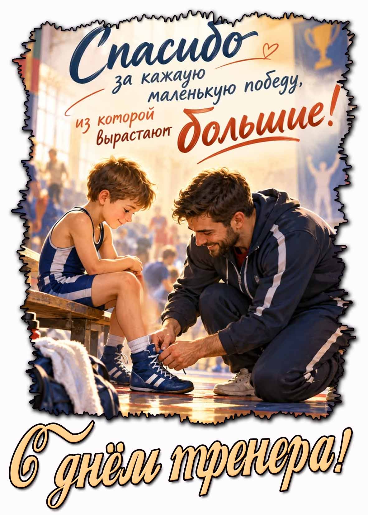 Красивая картинка с мальчиком в спортивном борцовском костюме и мужчиной-тренером, завязывающим ему шнурки, чтобы поздравить : С днём тренера! Спасибо за каждую маленькую победу, из которой вырастают большие! Картинка "С днём тренера! Спасибо за каждую маленькую победу, из которой вырастают большие!"