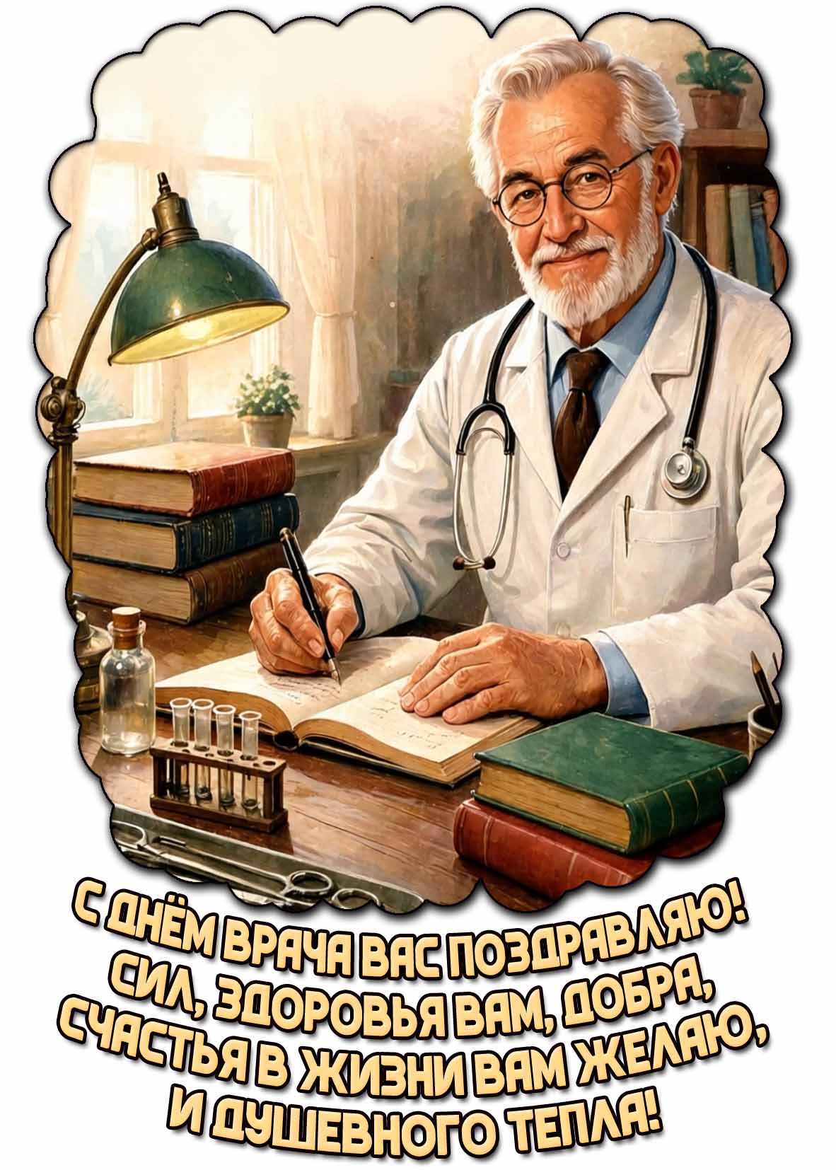 Картинка "С днём врача вас поздравляю! Сил, здоровья вам, добра, счастья в жизни вам желаю, и душевного тепла!"