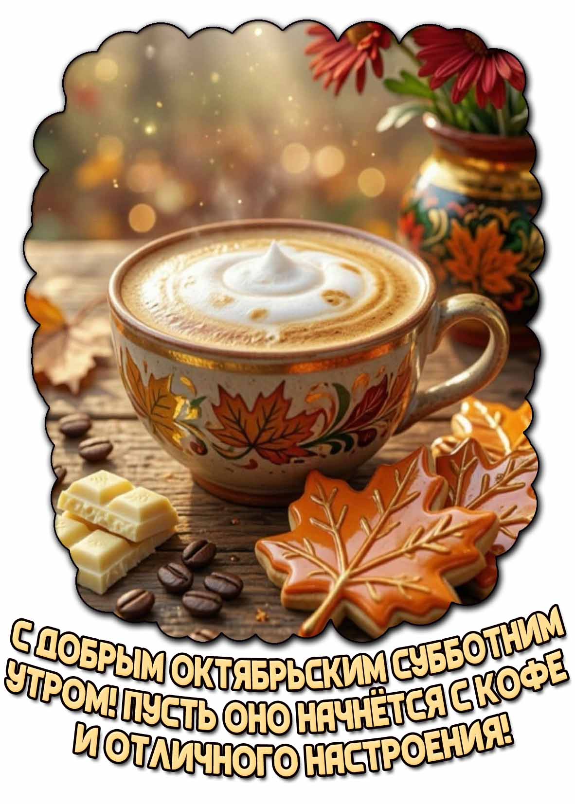 Картинка "С добрым октябрьским субботним утром! Пусть оно начнётся с кофе и отличного настроения!"