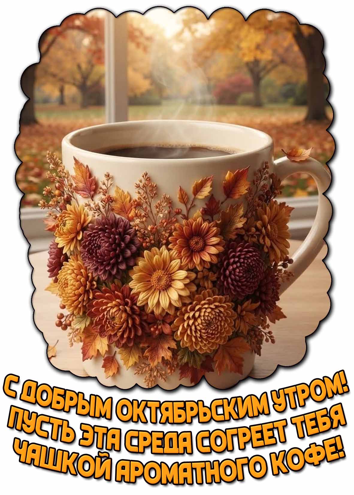 Картинка "С добрым октябрьским утром! Пусть эта среда согреет тебя чашкой ароматного кофе!"