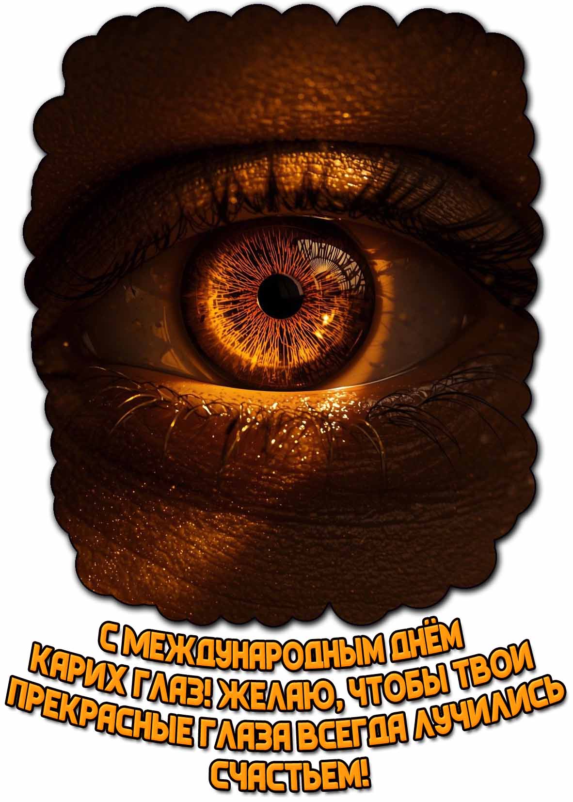 Красивая картинка со зрачком, крупным планом, и надписью, чтобы поздравить : С Международным днём карих глаз! Желаю, чтобы твои прекрасные глаза всегда лучились счастьем! Картинка "С Международным днём карих глаз! Желаю, чтобы твои прекрасные глаза всегда лучились счастьем!"