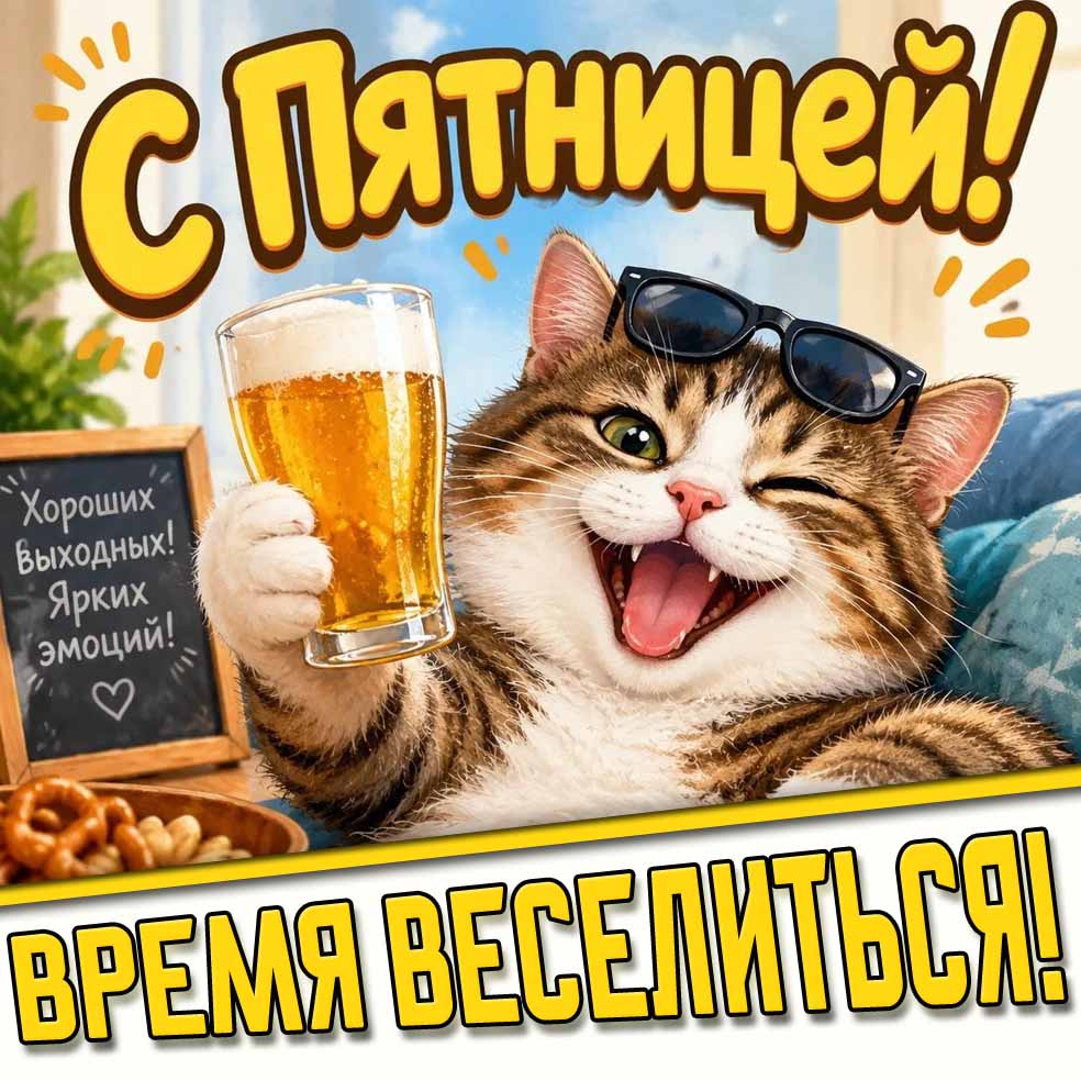 Картинка "С пятницей! Время веселиться! Хороших выходных! Ярких эмоций!"