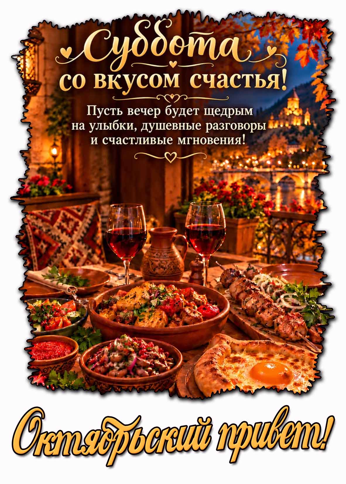 Красивая осенняя картинка со щедро накрытым столом (салаты, хачапури, шашлык и вино) и надписью : Суббота со вкусом счастья! Октябрьский привет! Пусть вечер будет щедрым на улыбки, душевные разговоры и счастливые мгновения! Красивая осенняя картинка со щедро накрытым столом (салаты, хачапури, шашлык и вино) и надписью : Суббота со вкусом счастья! Октябрьский привет! Пусть вечер будет щедрым на улыбки, душевные разговоры и счастливые мгновения!