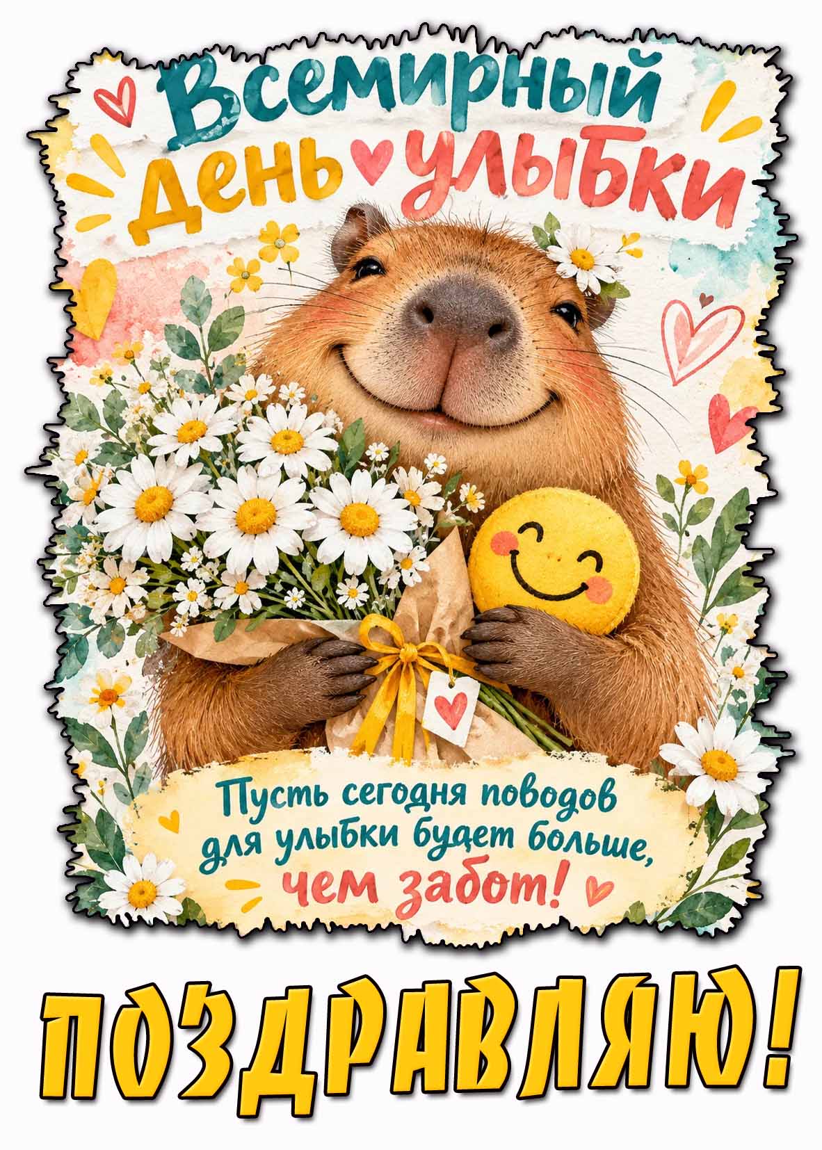 Картинка "Всемирный день улыбки! Пусть сегодня поводов для улыбки будет больше, чем забот! Поздравляю!"