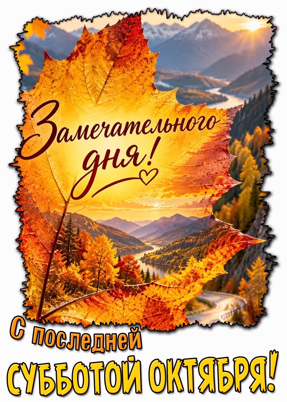 Красивая картинка с кленовым листом на фоне гор и надписью : Замечательного дня! С последней субботой октября!