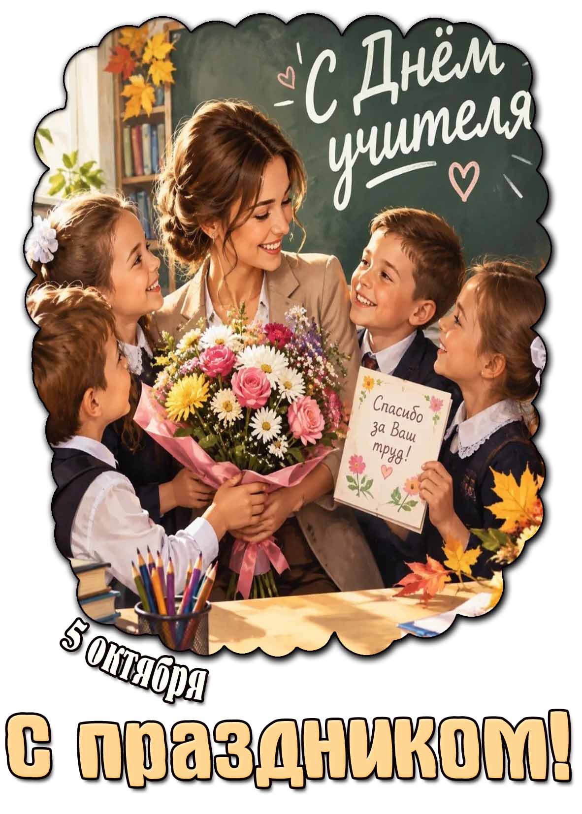 Красивая картинка 5 октября - с днём учителя! Спасибо за ваш труд! С праздником!