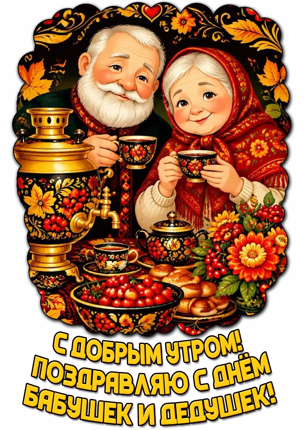 Красивая картинка в народно-хохломском стиле с дедулей и бабулей за утренним чаепитием из самовара и надписью : С добрым утром! Поздравляю с днём бабушек и дедушек! Красивая картинка "С добрым утром! Поздравляю с днём бабушек и дедушек!"