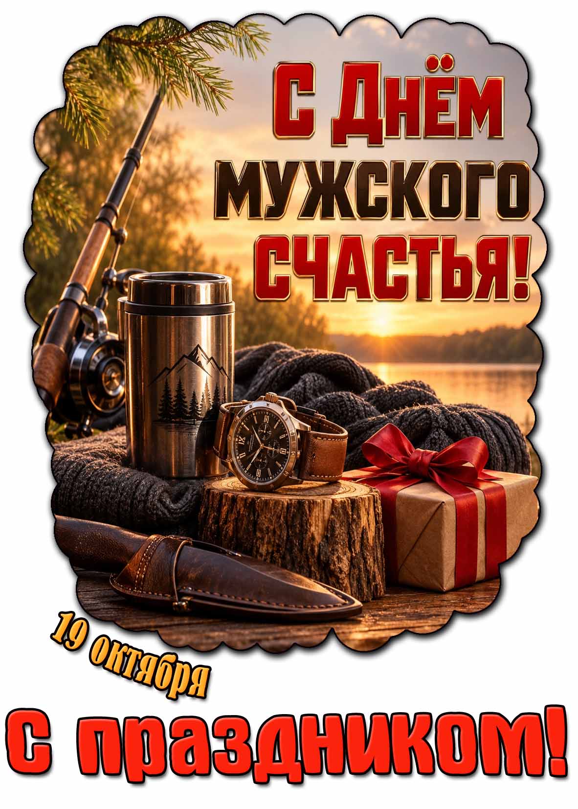 Красивая картинка с ножом, подарком, часами, термосом, удочкой на фоне заката над озером к 19 октября - с днём мужского счастья! С праздником! Красивая картинка 19 октября - с днём мужского счастья! С праздником!