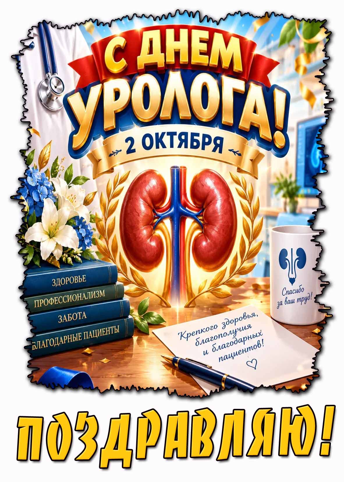 Красивая картинка 2 октября - день уролога! Крепкого здоровья, благополучия и благодарных пациентов! Спасибо за ваш труд! Поздравляю!