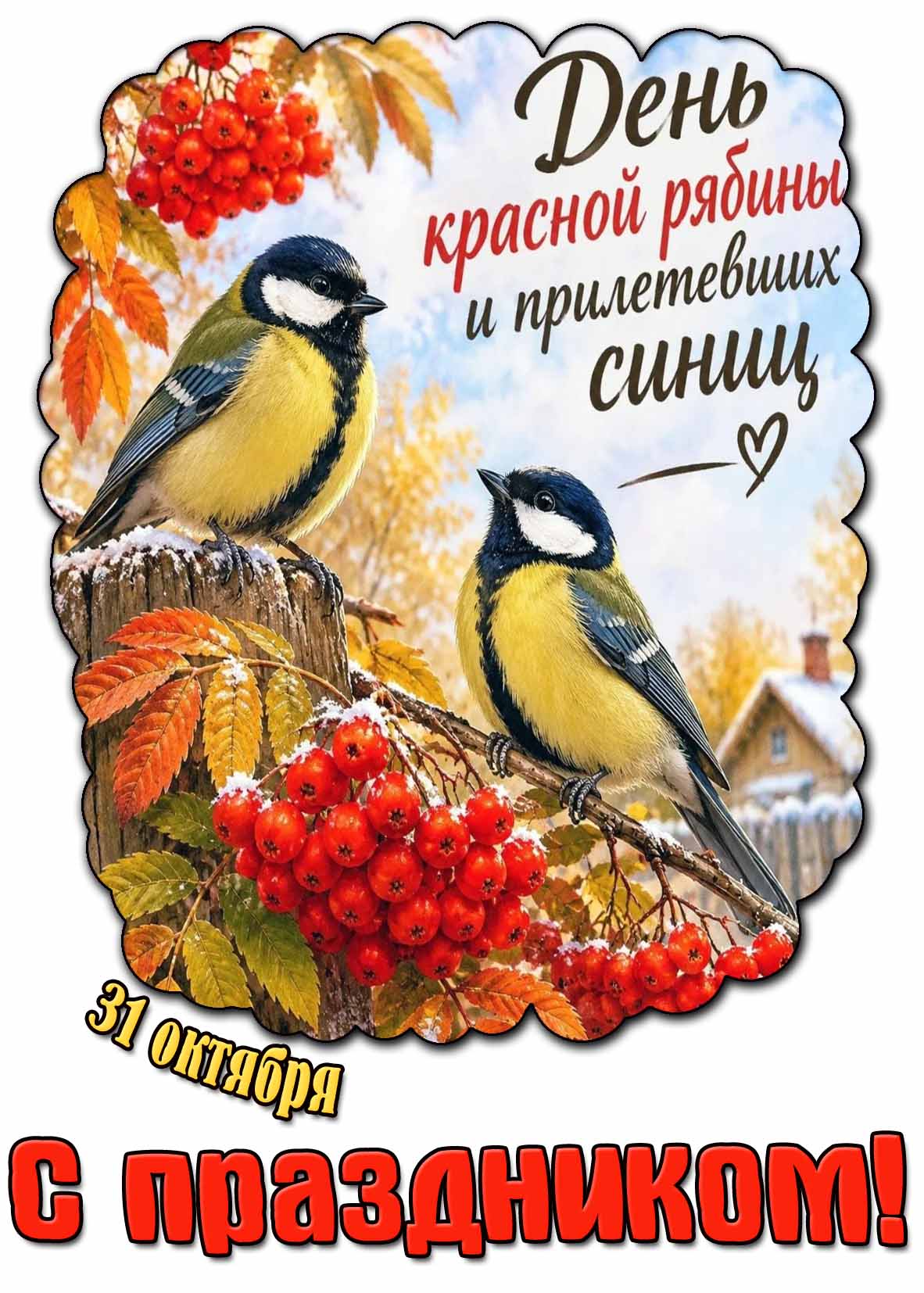 Красивая картинка с птичками на слегка заснеженных рябиновых гроздьях к 31 октября - день красной рябины и прилетевших синиц! С праздником!