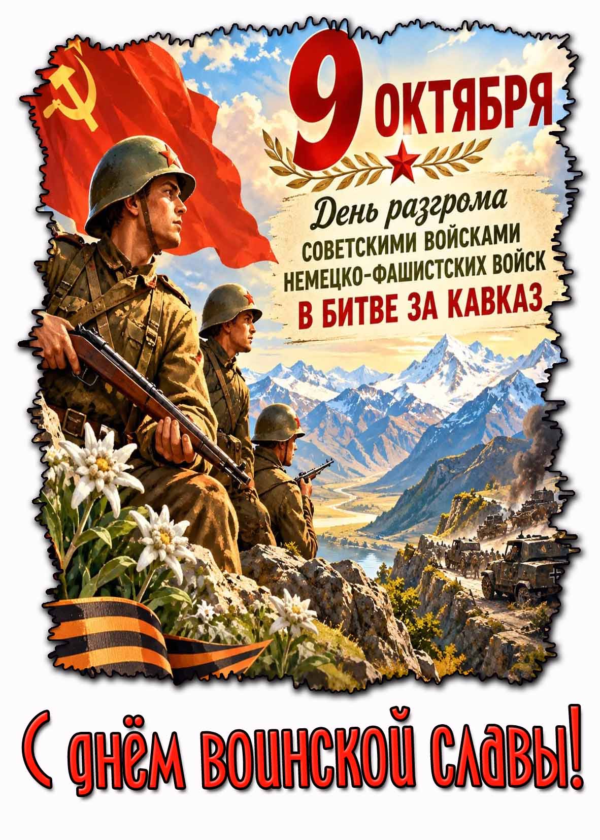 Красивая картинка 9 октября - день разгрома Советскими войсками немецко-фашистских войск в битве за Кавказ! С днём воинской славы!