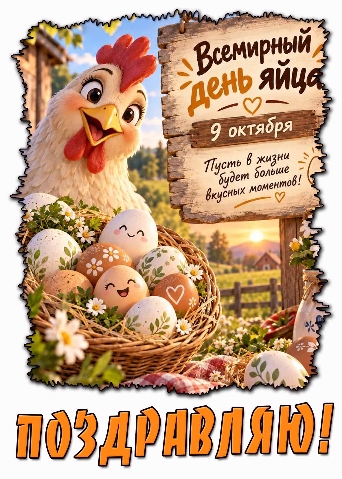 Красивая картинка 9 октября - Всемирный день яйца! Пусть в жизни будет больше вкусных моментов! Поздравляю!