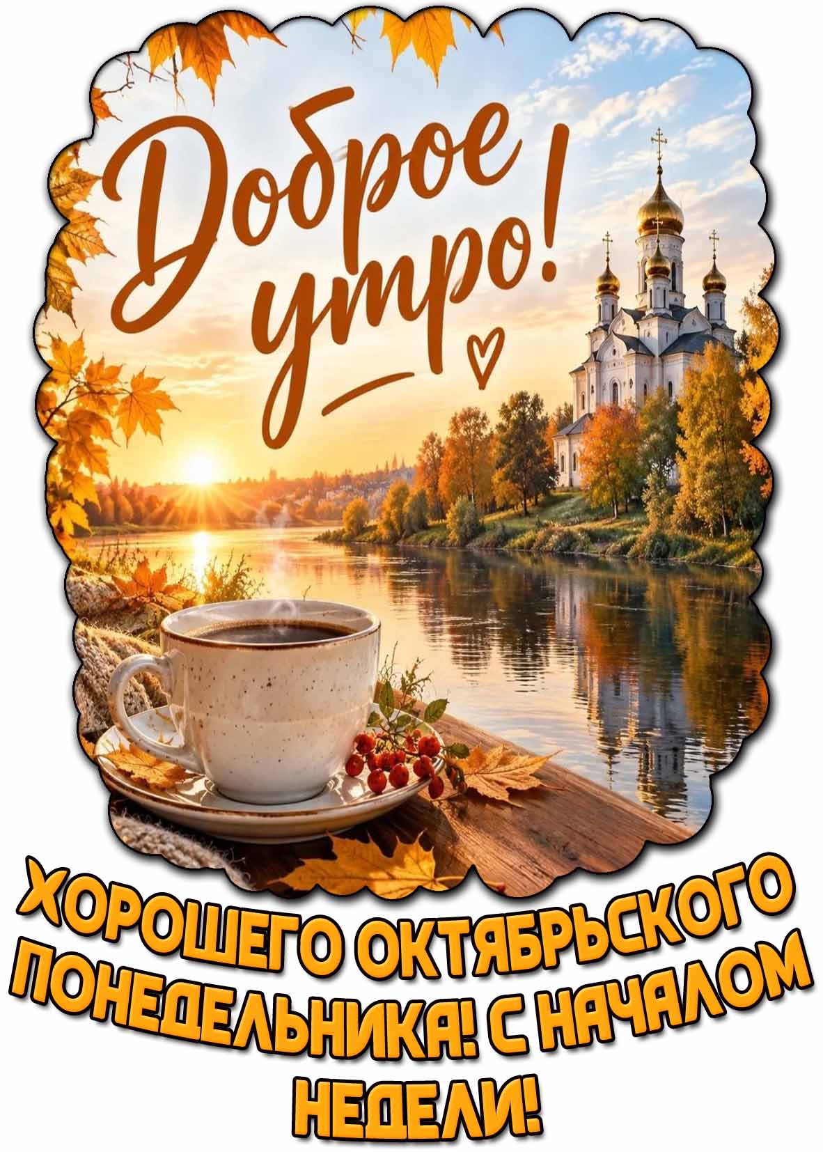 Красивая осенняя картинка с чашкой кофе у реки на фоне православного храма в солнечных лучах и надписью : Доброе утро! Хорошего октябрьского понедельника! С началом недели! Красивая картинка "Доброе утро! Хорошего октябрьского понедельника! С началом недели!"