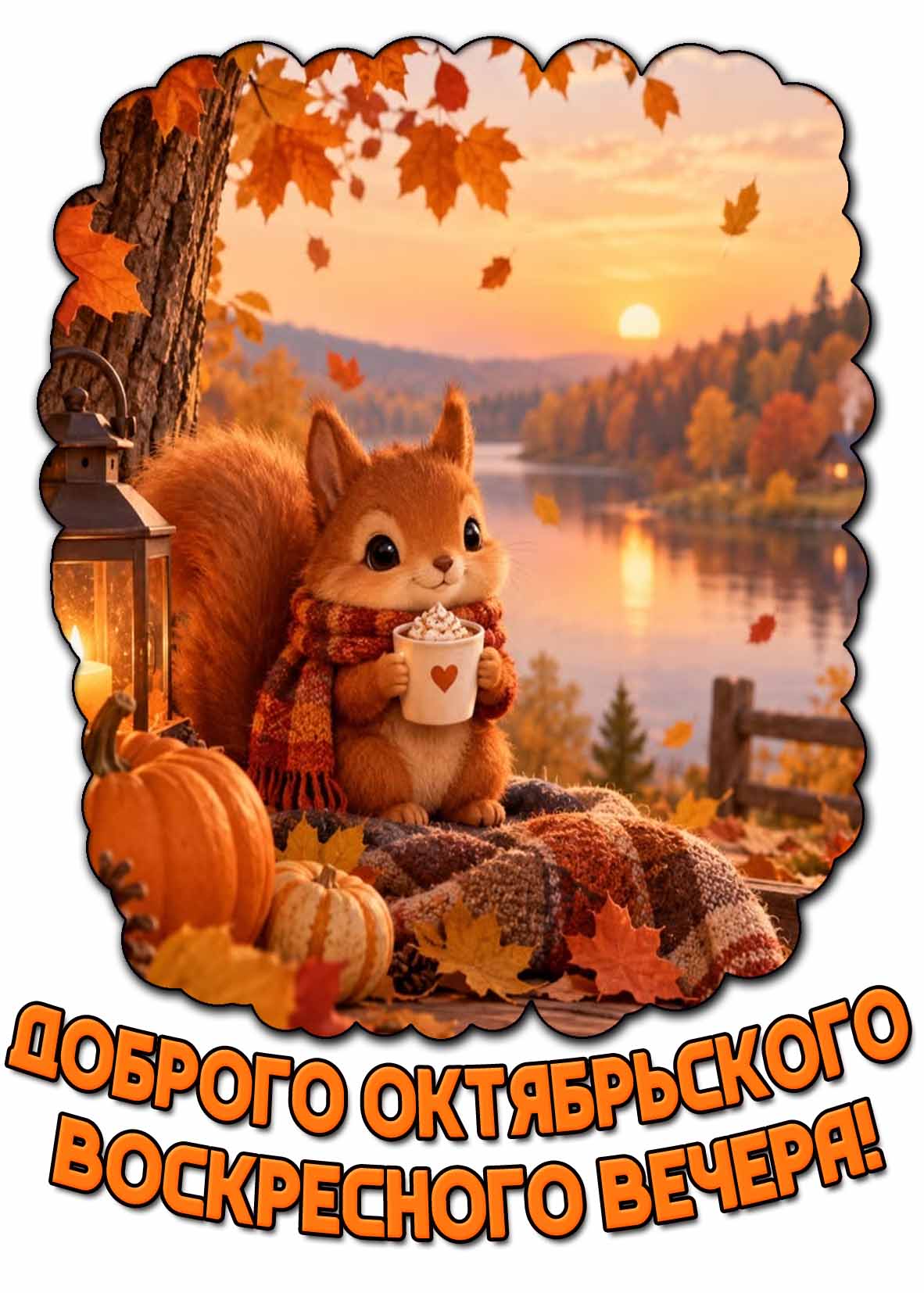 Красивая картинка с тыквами, свечой, белочкой с какао под листопадом на фоне осеннего леса у реки, чтобы пожелать : Доброго октябрьского воскресного вечера! Красивая картинка доброго октябрьского воскресного вечера