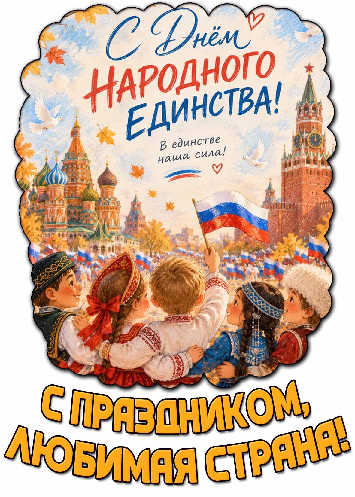 Красивая осенняя картинка с детишками разных национальностей с флагами России на фоне Кремля и храма Василия Блаженного, чтобы поздравить : С днём народного единства! В единстве наша сила! С праздником, любимая страна! Красивая осенняя картинка с детишками разных национальностей с флагами России на фоне Кремля и храма Василия Блаженного, чтобы поздравить : С днём народного единства! В единстве наша сила! С праздником, любимая страна!