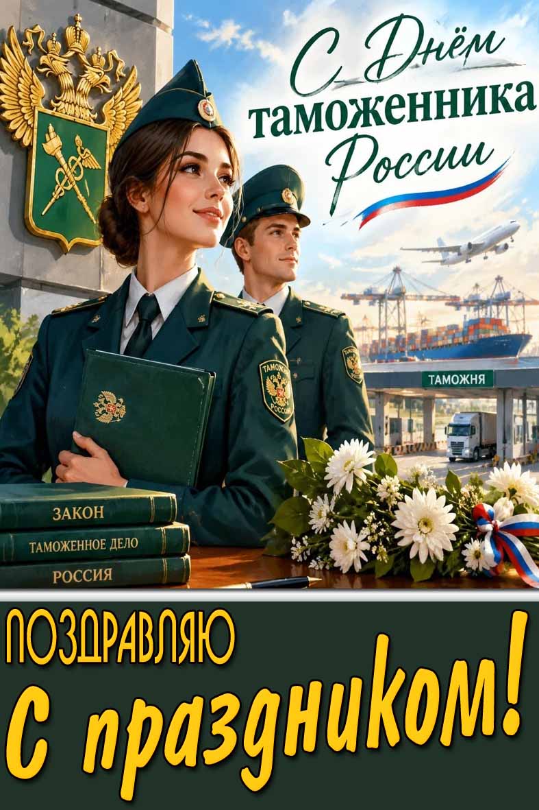 Красивая картинка с сотрудниками таможни, цветами, гербом службы и надписью : С днём таможенника России! Поздравляю с праздником! Красивая картинка "С днём таможенника России! Поздравляю с праздником!"
