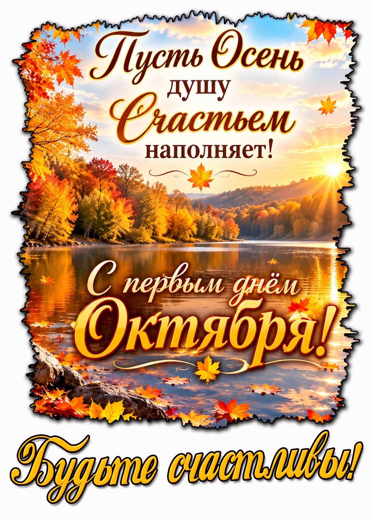Красивая картинка "С первым днём октября! Пусть осень душу счастьем наполняет! Будьте счастливы!"