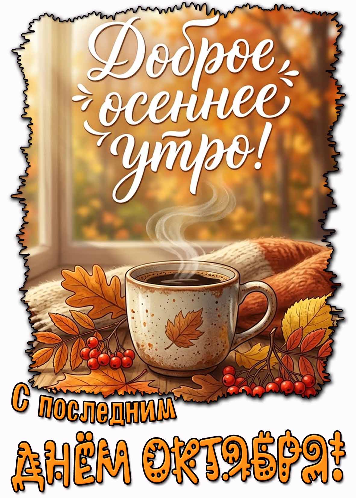 Красивая открытка с тёплым шарфом, листьями, веточкой рябины, чашкой ароматного - горячего кофе и надписью : Доброе осеннее утро! С последним днём октября!
