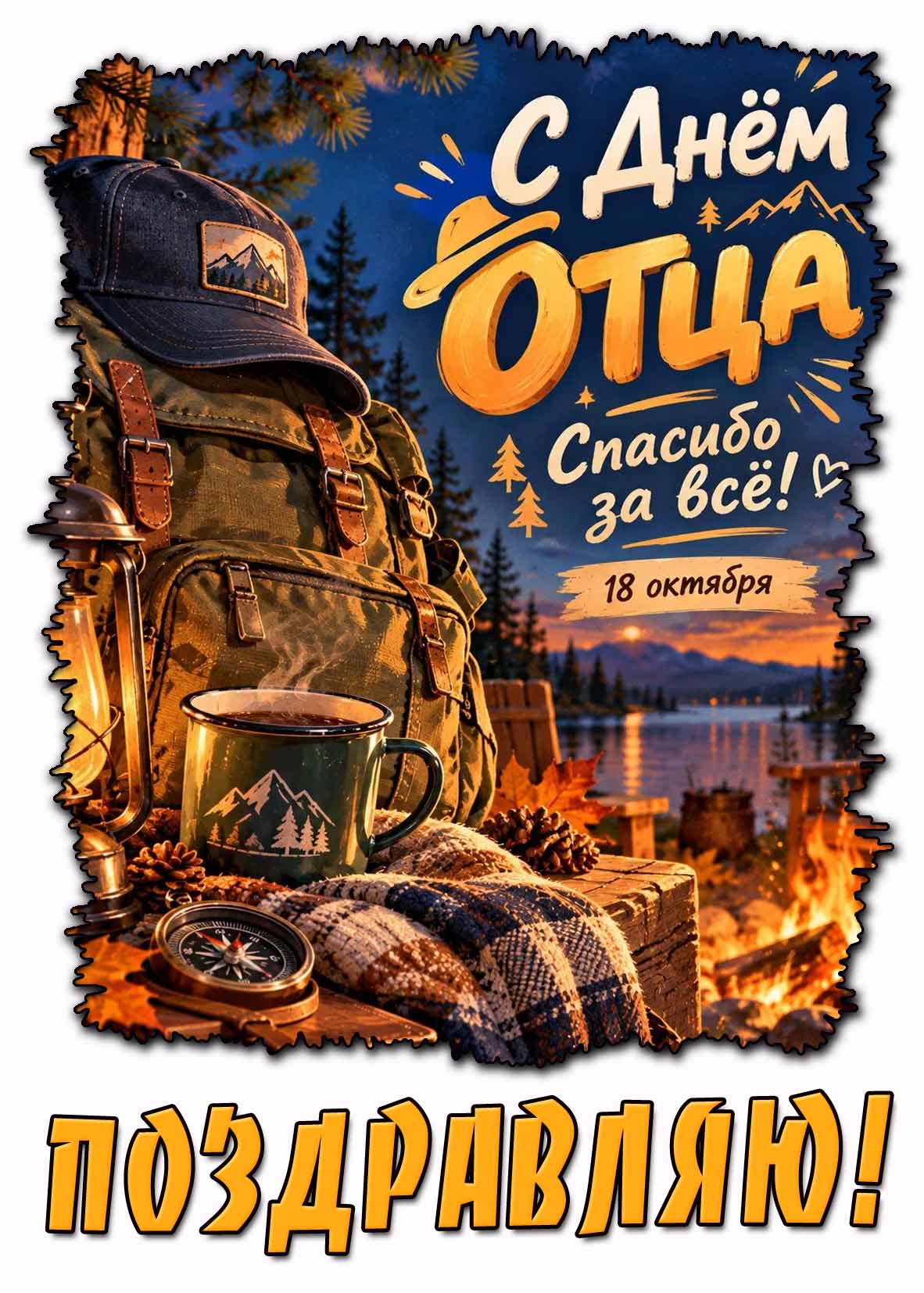 Красивая осенняя открытка 18 октября - с днём отца! Спасибо за всё! Поздравляю!